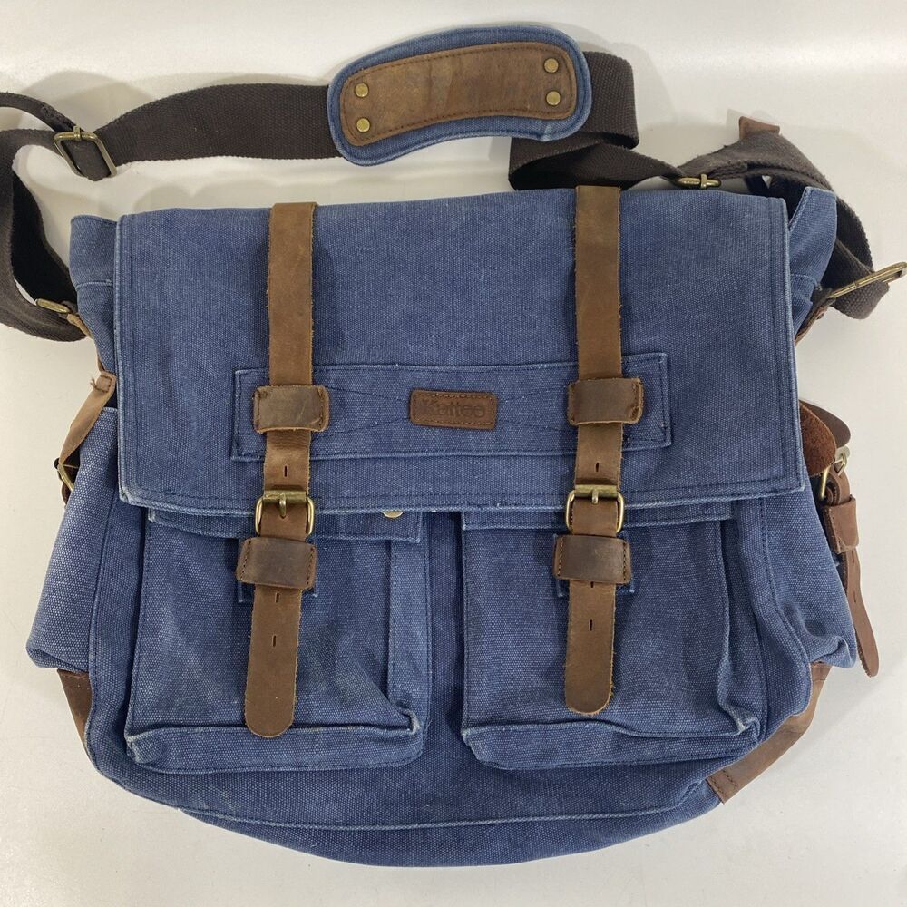 Kattee Canvas Leather Messenger Bag Blue Brown 16” x 15” Camera Weekend